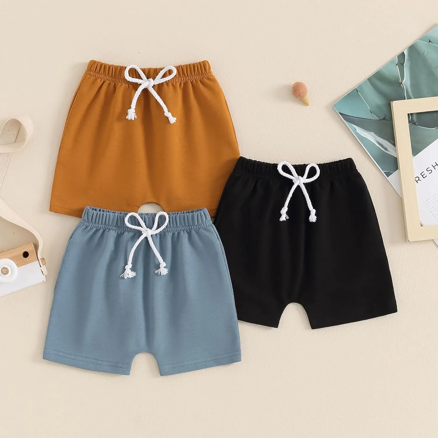 Yoawdats Baby Boys' 3-Pack Pull-on Jogger Shorts Knit Shorts Classic Fit Elastic Waist Toddler Shorts Kids Multipacks Pants