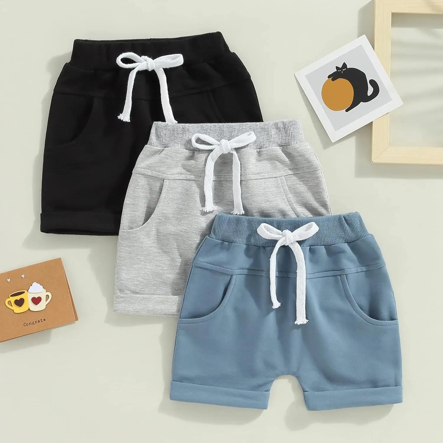 Yoawdats Baby Boys' 3-Pack Pull-on Jogger Shorts Knit Shorts Classic Fit Elastic Waist Toddler Shorts Kids Multipacks Pants